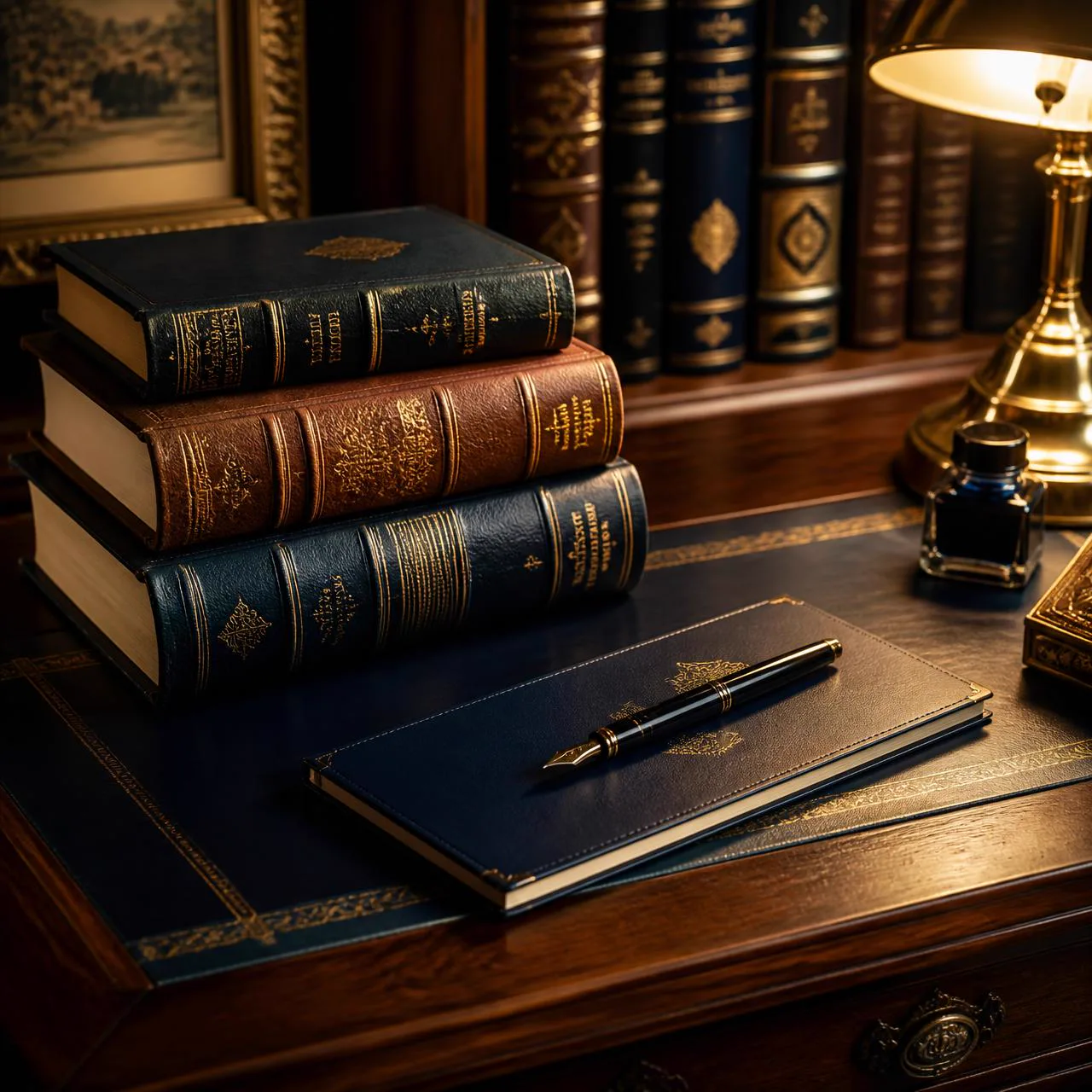 Classic writing desk with leather books and a fountain pen