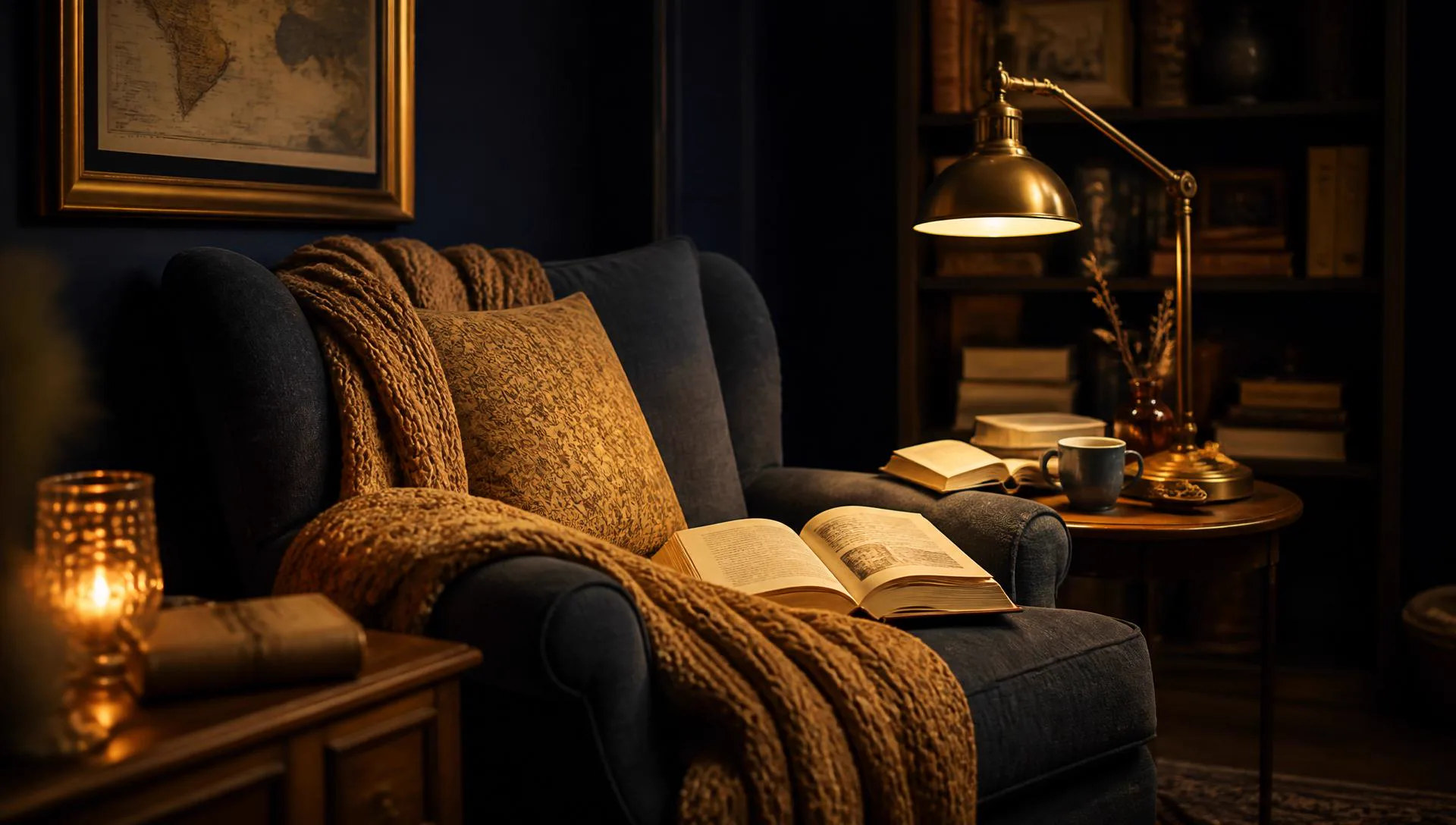 Cozy reading nook with warm light and open books